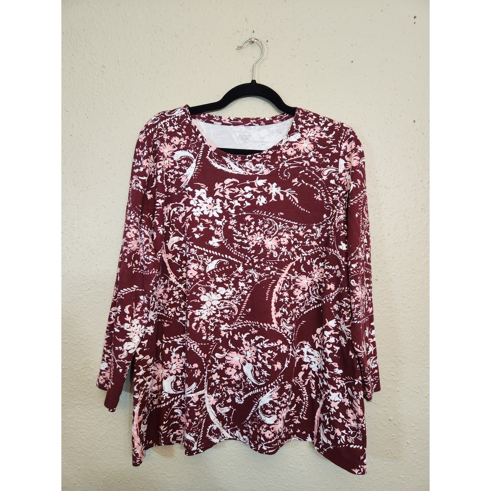 Kim Rogers Womens XXL Burgundy Floral Paisley Perfectly Soft Long Sleeve Top